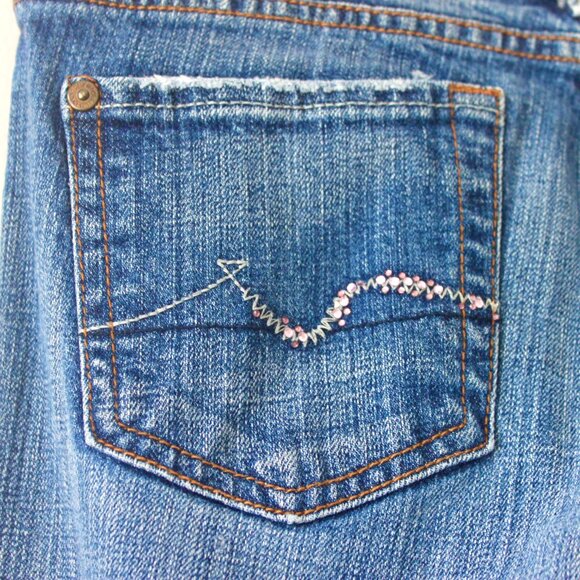 7 For All Mankind Blue Bootcut Medium Wash Denim Jeans with Pink Rhinestone 26 - Picture 7 of 11